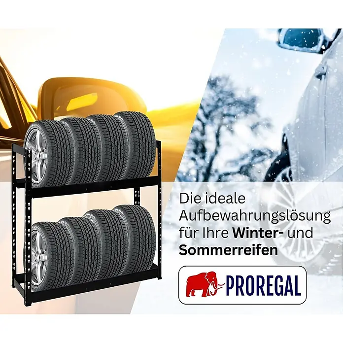 Proregal Reifenregal Tiger - Stecken, Schwarz - Schwarzes Metallreifenregal mit zwei Ablagen, das acht Reifen enthält. Ideal zur organisierten Lagerung von Winter- und Sommerreifen.