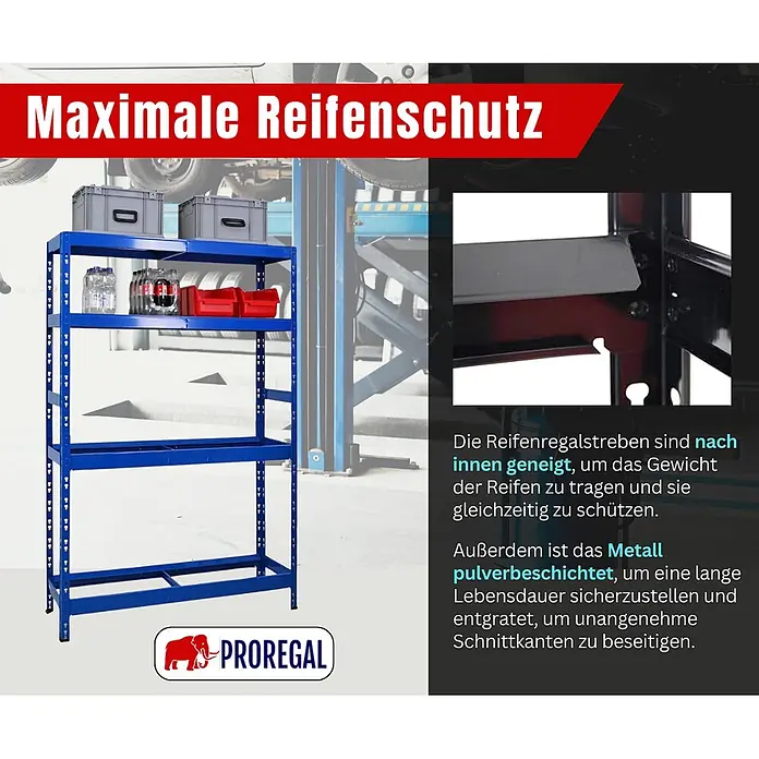 Proregal Reifenregal Tiger mit Fachboden - H x B x T: 180 x 120 x 40 cm, Stecken, Blau - Blaues Metall-Reifenregal mit mehreren Ablagen, ideal zur Werkstattlagerung.