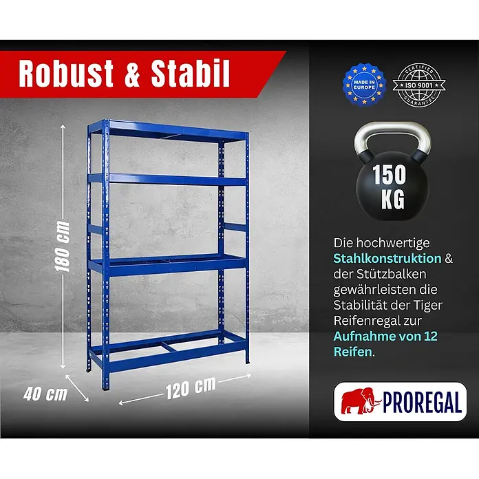 Proregal Reifenregal Tiger mit Fachboden - H x B x T: 180 x 120 x 40 cm, Stecken, Blau - Blaues Stahl-Reifenregal, 180x120x40 cm, robust und stabil, trägt 150 kg für bis zu 12 Reifen.