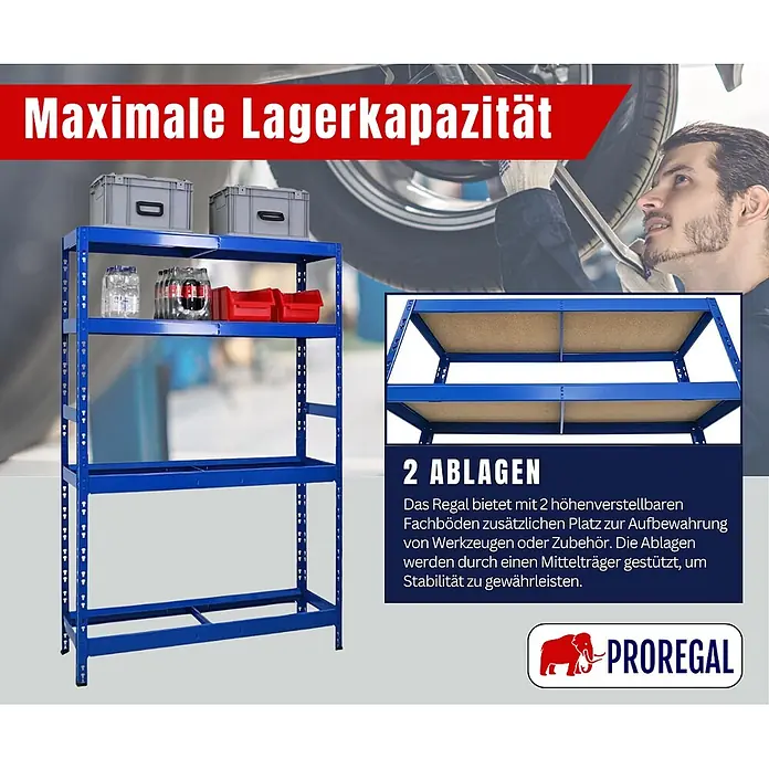 Proregal Reifenregal Tiger mit Fachboden - H x B x T: 180 x 120 x 40 cm, Stecken, Blau - Blaues Metallregal mit 4 Ebenen, davon 2 höhenverstellbar, in einer Werkstatt gezeigt. Maximale Lagerkapazität.