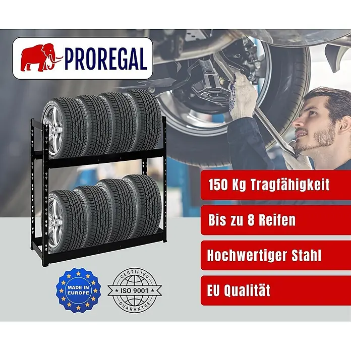 Proregal Reifenregal Tiger - Stecken, Schwarz - Schwarzes Reifenregal aus Stahl, das 8 Autoreifen in einer Werkstatt lagert.