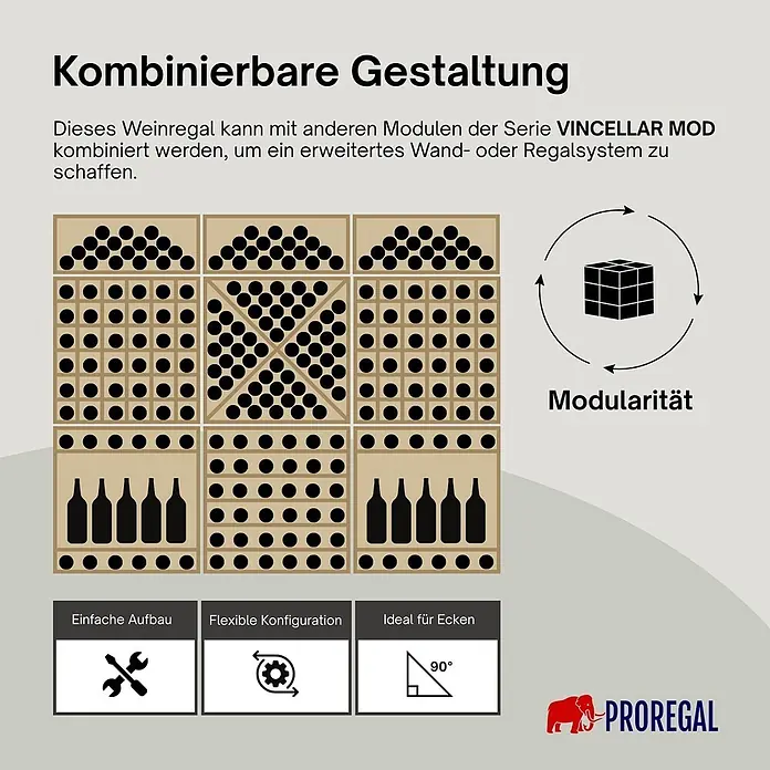 Proregal Flaschenregal Modulares Weinregal VINCELLAR MOD für 30 Flaschen - L x B x H: 30 x 60 x 60 cm, Holz - Ein hellbraunes, modulares Weinregalsystem mit verschiedenen Flaschenkonfigurationen, ausgelegt für einfache Montage, flexible Anordnungen und Eckplatzierung.