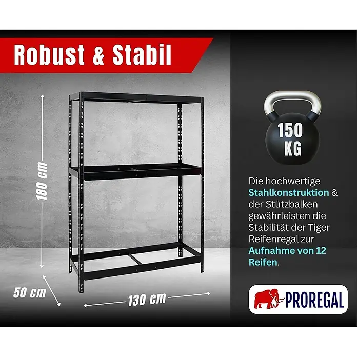 Proregal Reifenregal Tiger mit Fachboden - Stecken, Schwarz - Schwarzes Stahl-Reifenregal (180x130x50 cm) mit hoher Stabilität, für 12 Reifen ausgelegt.