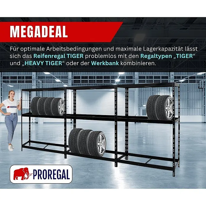 Proregal Reifenregal Tiger mit Fachboden - Stecken, Schwarz - Schwarzes modulares Reifenregalsystem aus Metall mit Reifen und Frau zur Größenreferenz im Lager.