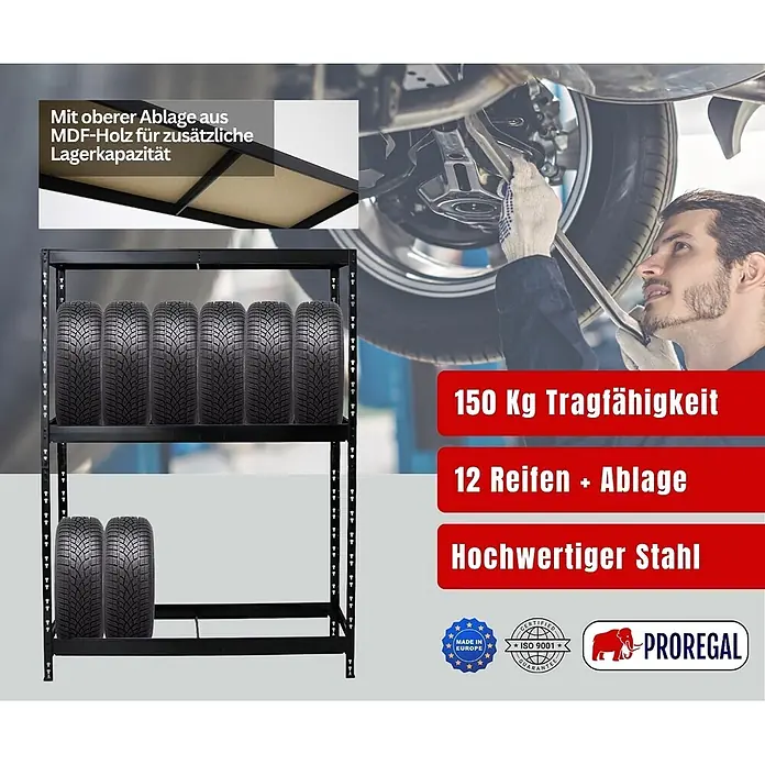 Proregal Reifenregal Tiger mit Fachboden - Stecken, Schwarz - Schwarzes Reifenregal aus Metall mit zwei Ebenen und MDF-Oberboden, gezeigt mit Reifen in einer Werkstattumgebung.