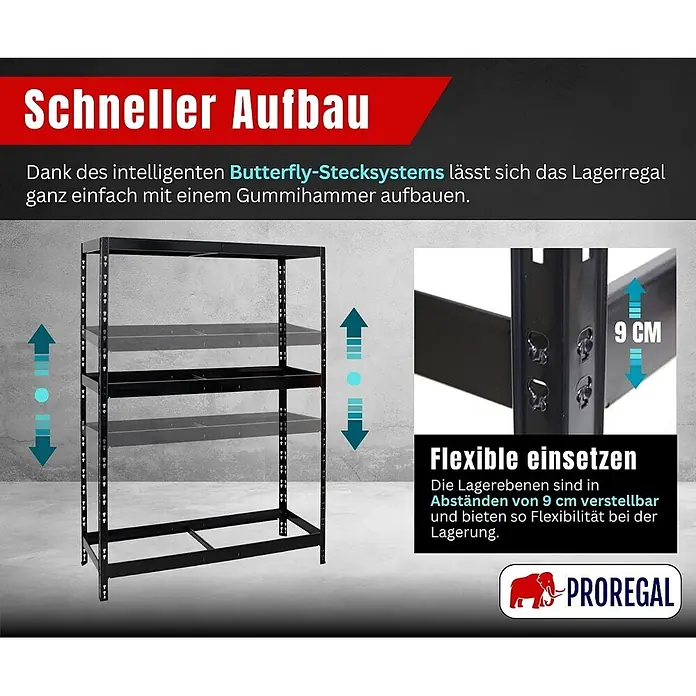 Proregal Reifenregal Tiger mit Fachboden - Stecken, Schwarz - Schwarzes Metall-Lagerregal mit höhenverstellbaren Ablagen, die dank Butterfly-Stecksystem einfach zu montieren sind.