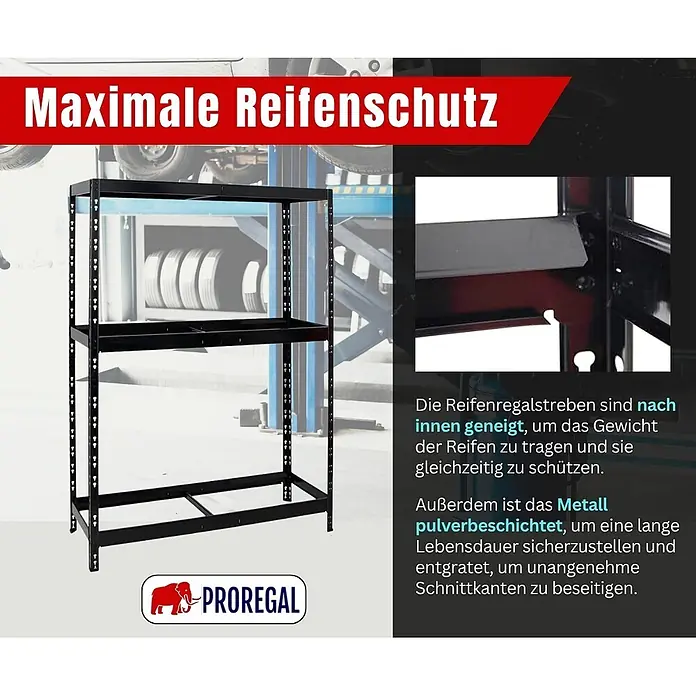Proregal Reifenregal Tiger mit Fachboden - Stecken, Schwarz - Schwarzes pulverbeschichtetes Reifenregal aus Metall mit geneigten Streben für sichere Reifenlagerung und -schutz.