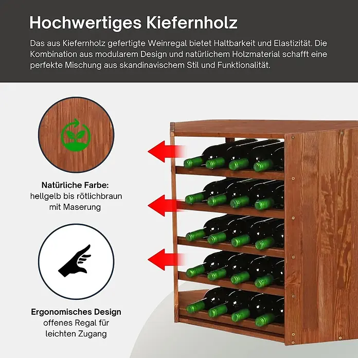 Proregal Flaschenregal Modulares Weinregal VINCELLAR MOD für 18 Flaschen - Holz - Weinregal aus Kiefernholz, hellgelb bis rötlichbraun, mit offenem Design für einfachen Flaschenzugang.