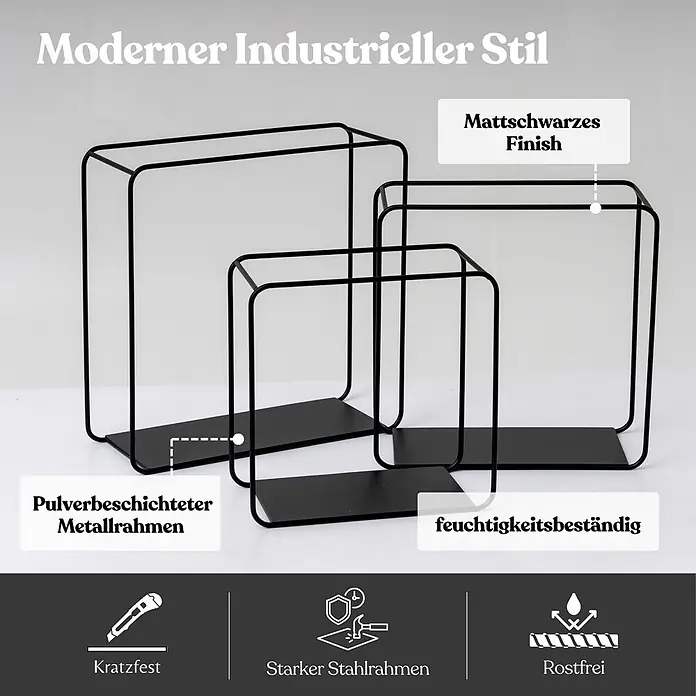 Berlinlodge Metallregal Wandregal 3er Set - H x B x T: 32 x 22 x 12 cm, Traglast pro Boden: 15 kg, Anzahl Böden: 3 Stk., Einhängen, Schwarz - Drei mattschwarze, pulverbeschichtete Stahlrahmen in verschiedenen Größen im modernen Industriestil.