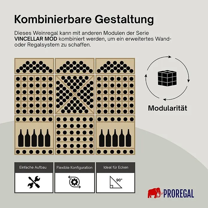 Proregal Flaschenregal Modulares Weinregal VINCELLAR MOD für 18 Flaschen - Holz - Modulares, beiges Weinregalsystem mit verschiedenen Flaschenlageroptionen und Designflexibilität.
