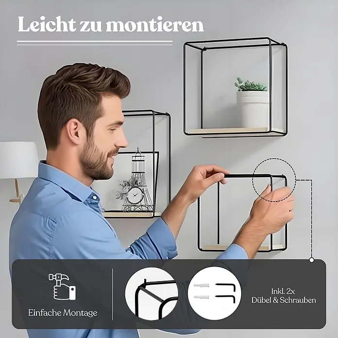 Berlinlodge Metallregal Wandregal 3er Set - H x B x T: 32 x 22 x 12 cm, Traglast pro Boden: 15 kg, Anzahl Böden: 3 Stk., Einhängen, Schwarz - Mann montiert einfach ein schwarzes Metall-Wandregal mit Holzablage. Zwei weitere Regale mit Deko sind sichtbar.