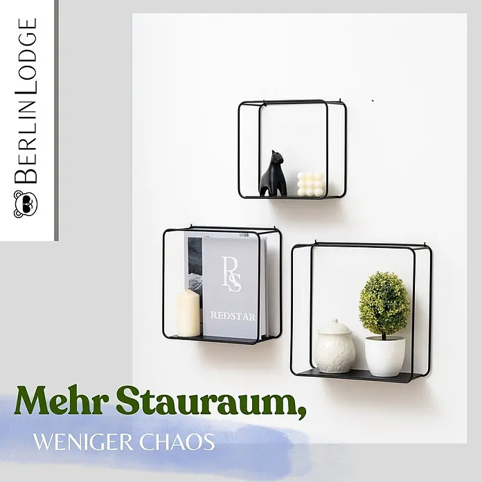Berlinlodge Metallregal Wandregal 3er Set - H x B x T: 32 x 22 x 12 cm, Traglast pro Boden: 15 kg, Anzahl Böden: 3 Stk., Einhängen, Schwarz - Set aus drei schwarzen, quadratischen Metall-Wandregalen für Dekoration und Aufbewahrung.