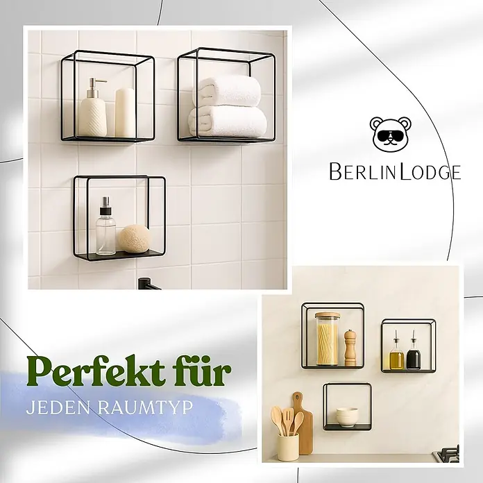 Berlinlodge Metallregal Wandregal 3er Set - H x B x T: 32 x 22 x 12 cm, Traglast pro Boden: 15 kg, Anzahl Böden: 3 Stk., Einhängen, Schwarz - Schwarze Metall-Würfelregale mit Bad- und Küchenartikeln, zeigen vielseitige Aufbewahrungslösungen.