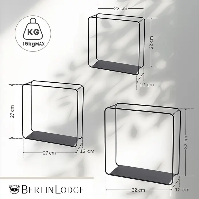 Berlinlodge Metallregal Wandregal 3er Set - H x B x T: 32 x 22 x 12 cm, Traglast pro Boden: 15 kg, Anzahl Böden: 3 Stk., Einhängen, Schwarz - Set aus drei schwarzen Metall-Wandregalen in verschiedenen Größen (22, 27, 32 cm Höhe), je 12 cm tief und bis 15 kg belastbar.