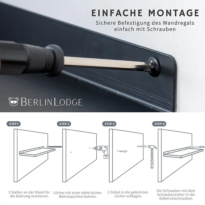 Berlinlodge Metallregal Wandregal 3er Set - H x B x T: 2,5 x 30 x 10 cm, Anzahl Böden: 3 Stk., Einhängen, Schwarz - Diagramme und Foto zeigen die einfache Schraubmontage eines Wandregals. Schritte: Markieren, Bohren, Dübeln, Festschrauben.