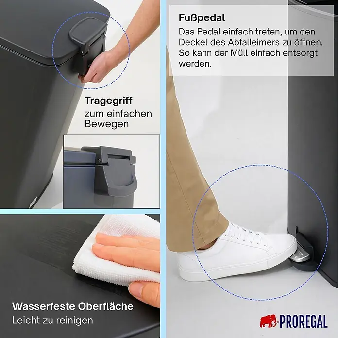 Proregal Treteimer 30L mit Softclose - 30 l, Metall, Matt Schwarz - Dunkelgrauer Treteimer mit Tragegriff, Fußpedal zum Öffnen des Deckels und leicht zu reinigender, wasserfester Oberfläche.
