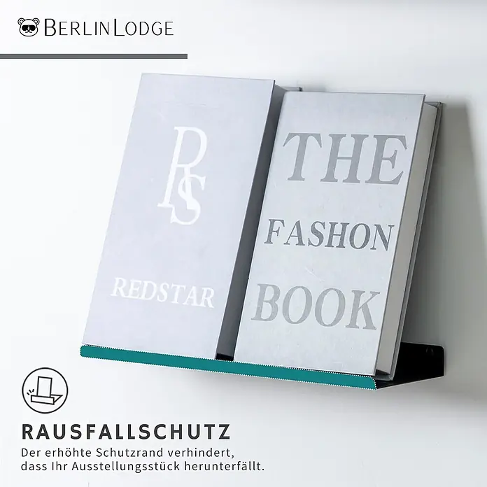 Berlinlodge Metallregal Wandregal 3er Set - H x B x T: 2,5 x 30 x 10 cm, Anzahl Böden: 3 Stk., Einhängen, Schwarz - Schwarzes Metall-Wandregal mit erhöhtem Rand als Rausfallschutz, zwei Bücher präsentierend.