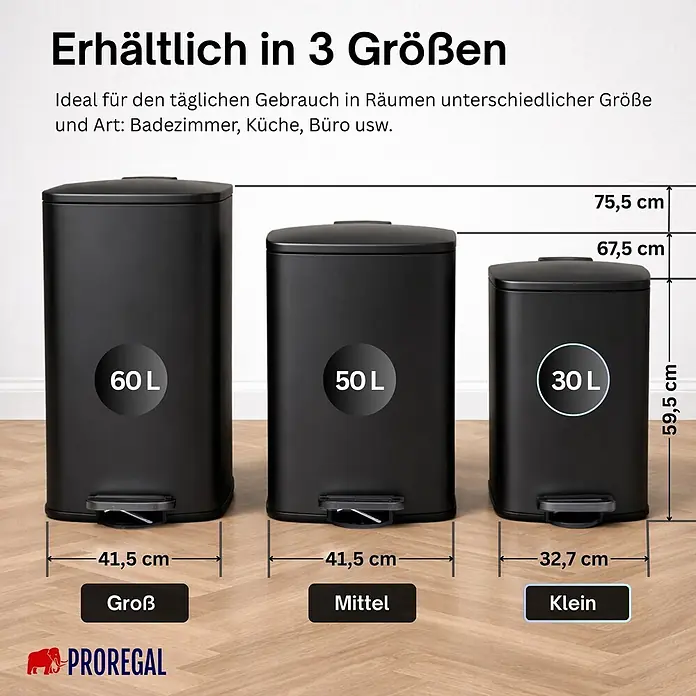 Proregal Treteimer 30L mit Softclose - 30 l, Metall, Matt Schwarz - Drei schwarze Treteimer in verschiedenen Größen (60L, 50L, 30L) mit Maßen, ideal für diverse Räume.