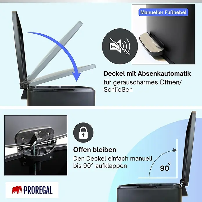 Proregal Treteimer 30L mit Softclose - 30 l, Metall, Matt Schwarz - Dunkler Abfalleimer mit manuellem Fußhebel, sanft schließendem Deckel und 90°-Offenhaltefunktion.