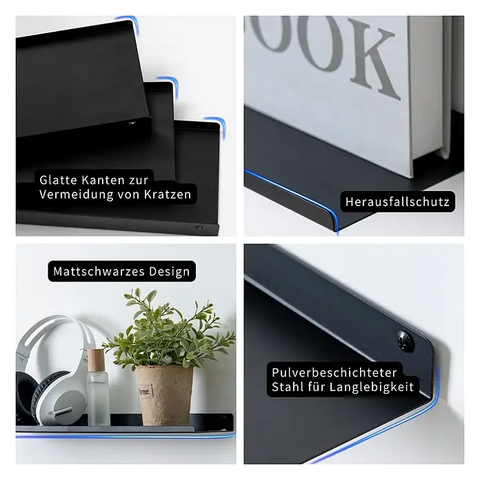 Berlinlodge Metallregal Wandregal 3er Set - H x B x T: 2,5 x 30 x 10 cm, Anzahl Böden: 3 Stk., Einhängen, Schwarz - Mattschwarze, pulverbeschichtete Stahlregale mit glatten Kanten und Fallschutzleiste.