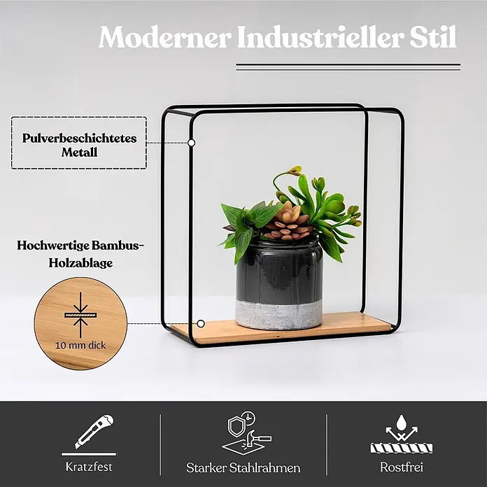 Berlinlodge Metallregal Wandregal 3er Set aus Metall/Bambus - H x B x T: 32 x 22 x 12 cm, Traglast pro Boden: 15 kg, Anzahl Böden: 3 Stk., Einhängen, Schwarz/Bambus - Schwarzes Wandregal aus pulverbeschichtetem Metall mit 10 mm dicker, kratzfester Bambus-Holzablage, rostfrei und mit starkem Stahlrahmen.
