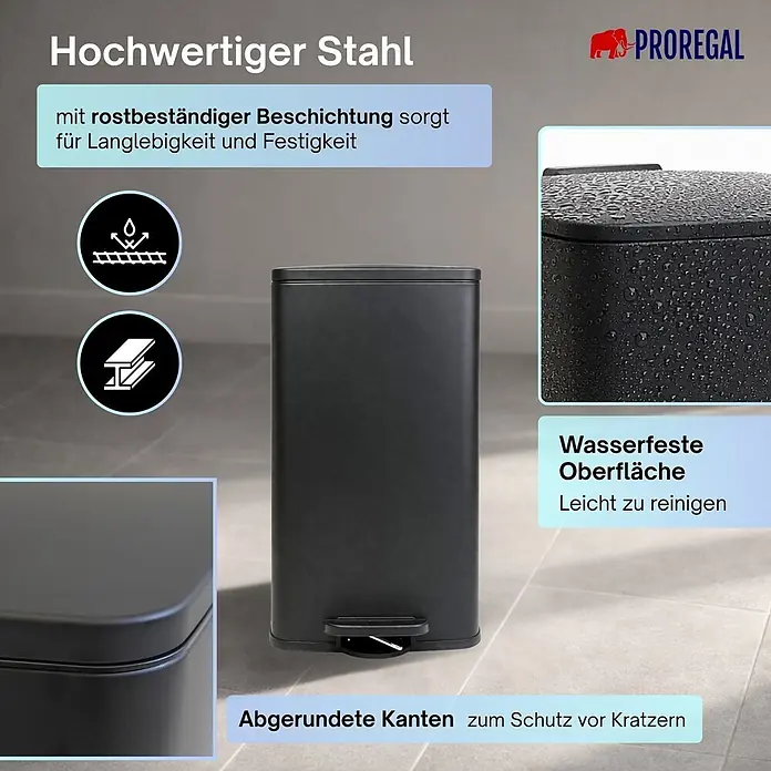 Proregal Treteimer 30L mit Softclose - 30 l, Metall, Matt Schwarz - Schwarzer rechteckiger Treteimer aus Stahl mit abgerundeten Kanten.