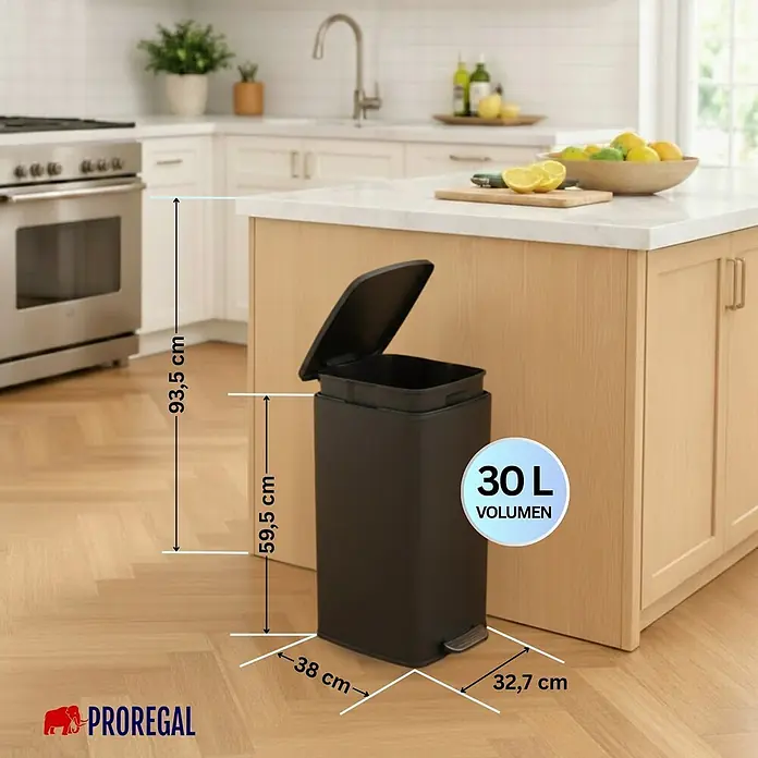 Proregal Treteimer 30L mit Softclose - 30 l, Metall, Matt Schwarz - Schwarzer rechteckiger 30L Küchenmülleimer mit Pedal und offenem Deckel, 59,5x38x32,7 cm, in einer modernen Küche.