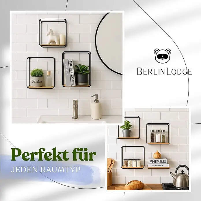 Berlinlodge Metallregal Wandregal 3er Set aus Metall/Bambus - H x B x T: 32 x 22 x 12 cm, Traglast pro Boden: 15 kg, Anzahl Böden: 3 Stk., Einhängen, Schwarz/Bambus - Quadratische Wandregale aus schwarzem Metall mit Holzablagen, dekoriert in Bad und Küche zur Aufbewahrung.