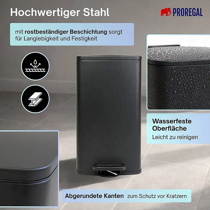 PROREGAL Mülleimer Küche Bad 60L, Abfalleimer mit Softclose & Stay-Open Deckel, Fußpedal & Inneneimer | Stahl, Matt Schwarz | rechteckiger Treteimer mit Inneneimer, Tretmülleimer 60 Liter -  - Schwarzer Treteimer aus hochwertigem, rostbeständigem Stahl mit wasserfester Oberfläche und abgerundeten Kanten.