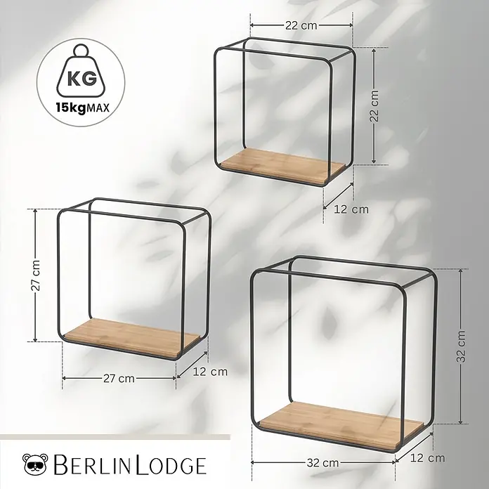 Berlinlodge Metallregal Wandregal 3er Set aus Metall/Bambus - H x B x T: 32 x 22 x 12 cm, Traglast pro Boden: 15 kg, Anzahl Böden: 3 Stk., Einhängen, Schwarz/Bambus - Set aus 3 rechteckigen Wandregalen mit schwarzen Metallrahmen und hellen Holzablagen, mit Maßen und 15kg Traglast.