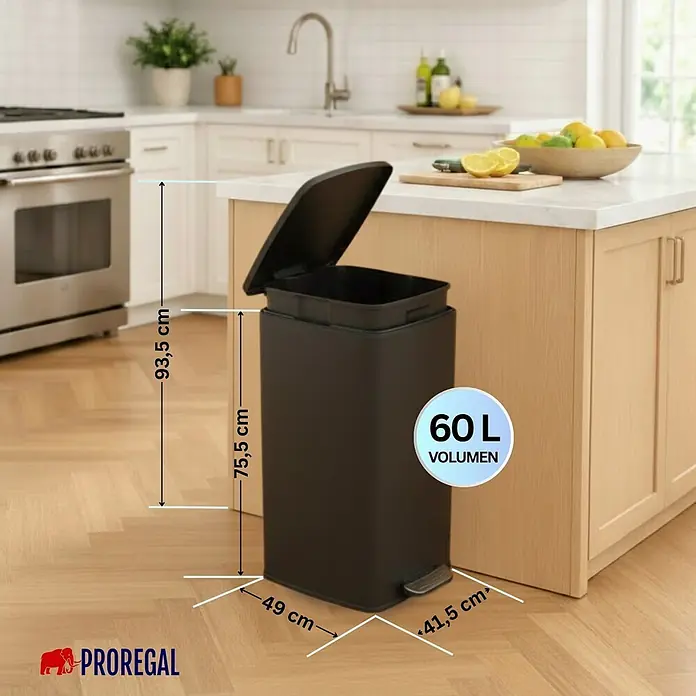 PROREGAL Mülleimer Küche Bad 60L, Abfalleimer mit Softclose & Stay-Open Deckel, Fußpedal & Inneneimer | Stahl, Matt Schwarz | rechteckiger Treteimer mit Inneneimer, Tretmülleimer 60 Liter -  - Schwarzer 60L rechteckiger Treteimer mit offenem Deckel in Küche. Höhe 93,5 cm (offen), 75,5 cm (geschlossen), Basis 49x41,5 cm.