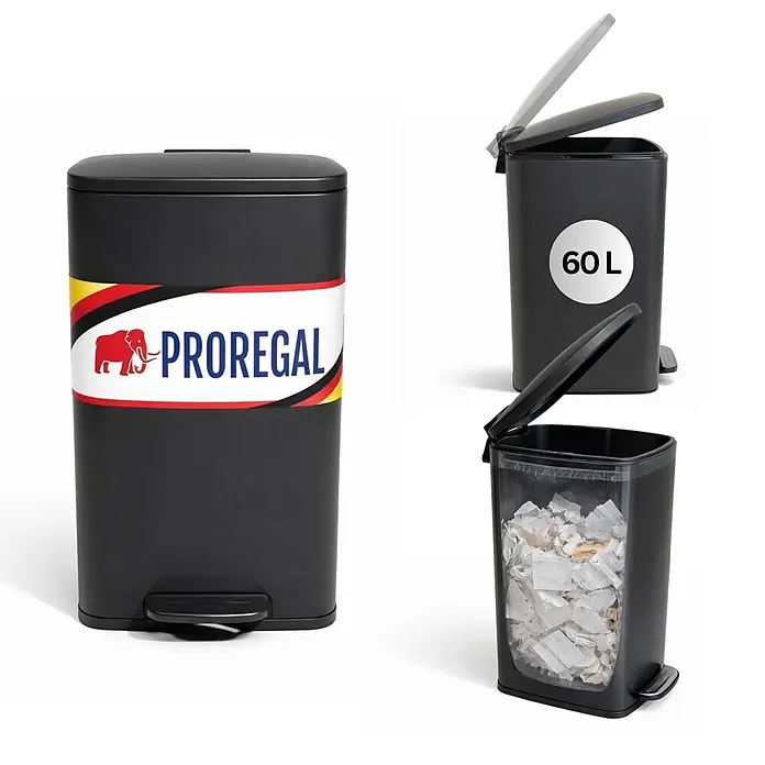 PROREGAL Mülleimer Küche Bad 60L, Abfalleimer mit Softclose & Stay-Open Deckel, Fußpedal & Inneneimer | Stahl, Matt Schwarz | rechteckiger Treteimer mit Inneneimer, Tretmülleimer 60 Liter -  - Schwarzer, rechteckiger 60L Tretmülleimer, geschlossen, mit offenem Deckel und vollem transparenten Inneneimer.
