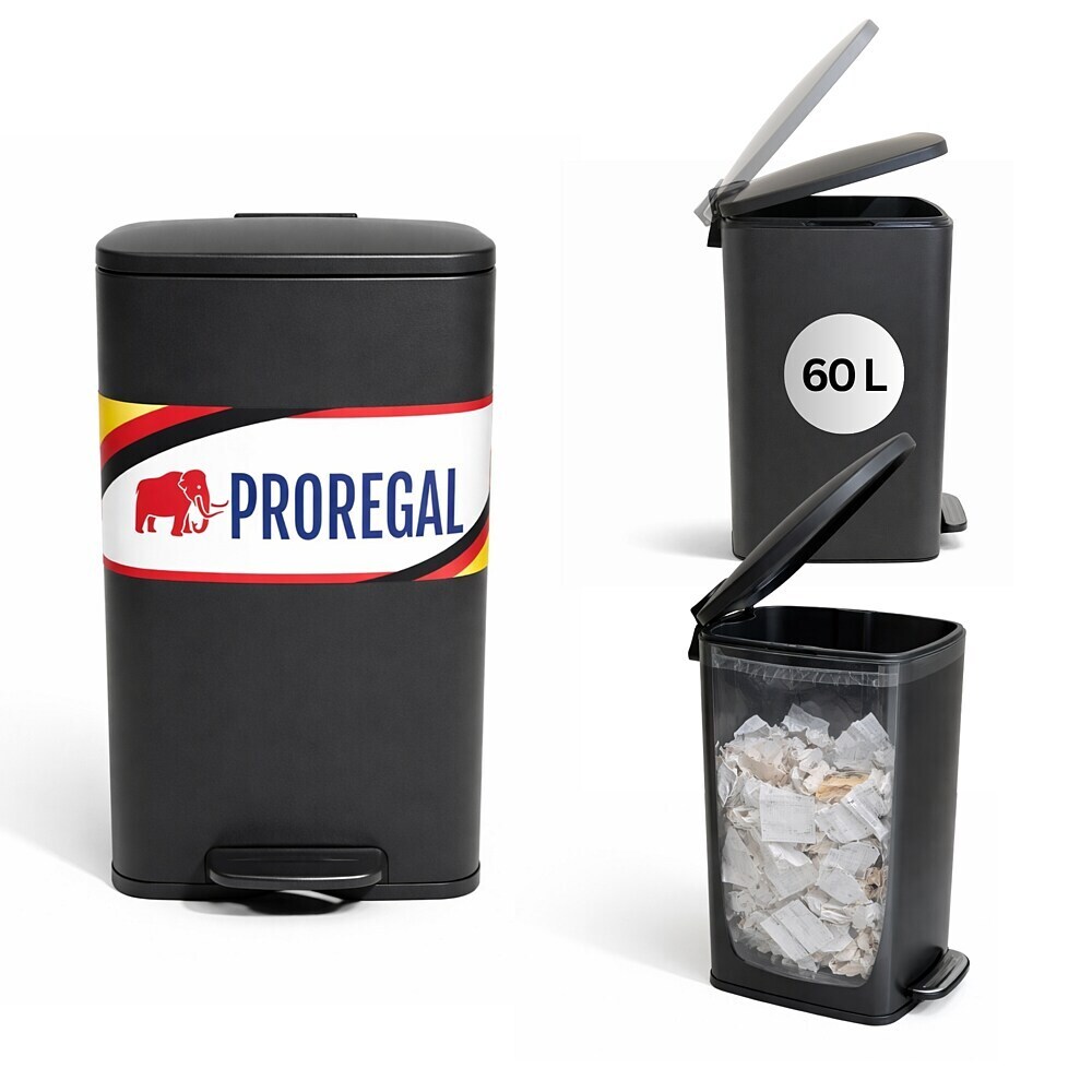 PROREGAL Mülleimer Küche Bad 60L, Abfalleimer mit Softclose & Stay-Open Deckel, Fußpedal & Inneneimer | Stahl, Matt Schwarz
