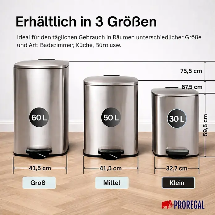 PROREGAL Mülleimer Küche Bad 30L, Abfalleimer mit Softclose & Stay-Open Deckel, Fußpedal & Inneneimer | Stahl, Silber | rechteckiger Treteimer mit Inneneimer, Tretmülleimer 30 Liter -  - Drei Edelstahl-Treteimer in 60L, 50L und 30L Größen, mit Maßen.