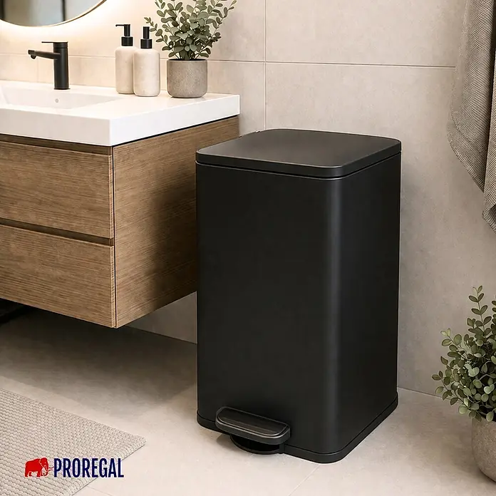 PROREGAL Mülleimer Küche Bad 60L, Abfalleimer mit Softclose & Stay-Open Deckel, Fußpedal & Inneneimer | Stahl, Matt Schwarz | rechteckiger Treteimer mit Inneneimer, Tretmülleimer 60 Liter -  - Eleganter, schwarzer rechteckiger Treteimer in einem modernen Badezimmer.