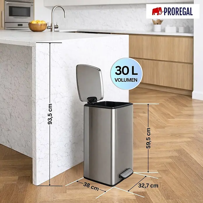 PROREGAL Mülleimer Küche Bad 30L, Abfalleimer mit Softclose & Stay-Open Deckel, Fußpedal & Inneneimer | Stahl, Silber | rechteckiger Treteimer mit Inneneimer, Tretmülleimer 30 Liter -  - Edelstahl-Pedaleimer 30L mit offenem Deckel, in moderner Küche, Maße: 59,5 cm hoch, 38 cm breit, 32,7 cm tief.