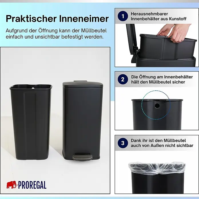 PROREGAL Mülleimer Küche Bad 60L, Abfalleimer mit Softclose & Stay-Open Deckel, Fußpedal & Inneneimer | Stahl, Matt Schwarz | rechteckiger Treteimer mit Inneneimer, Tretmülleimer 60 Liter -  - Schwarzer rechteckiger Mülleimer mit herausnehmbarem Kunststoffeinsatz, der Müllbeutel unsichtbar befestigt.