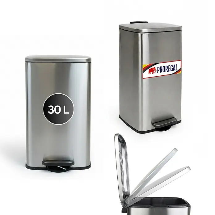 PROREGAL Mülleimer Küche Bad 30L, Abfalleimer mit Softclose & Stay-Open Deckel, Fußpedal & Inneneimer | Stahl, Silber | rechteckiger Treteimer mit Inneneimer, Tretmülleimer 30 Liter -  - Mülleimer aus Edelstahl, 30L Fassungsvermögen, mit Fußpedal und Soft-Close-Deckelmechanismus.