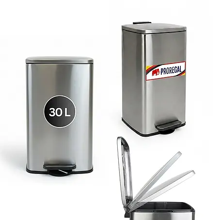 PROREGAL Mülleimer Küche Bad 30L, Abfalleimer mit Softclose & Stay-Open Deckel, Fußpedal & Inneneimer | Stahl, Silber | rechteckiger Treteimer mit Inneneimer, Tretmülleimer 30 Liter
