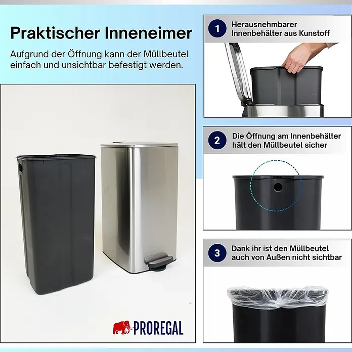 PROREGAL Mülleimer Küche Bad 30L, Abfalleimer mit Softclose & Stay-Open Deckel, Fußpedal & Inneneimer | Stahl, Silber | rechteckiger Treteimer mit Inneneimer, Tretmülleimer 30 Liter -  - Edelstahl-Treteimer mit schwarzem, herausnehmbarem Kunststoffeinsatz. Eine spezielle Öffnung sichert den Müllbeutel unsichtbar.