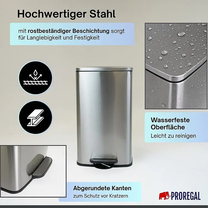 PROREGAL Mülleimer Küche Bad 30L, Abfalleimer mit Softclose & Stay-Open Deckel, Fußpedal & Inneneimer | Stahl, Silber | rechteckiger Treteimer mit Inneneimer, Tretmülleimer 30 Liter -  - Silberner, rechteckiger Treteimer aus Edelstahl.