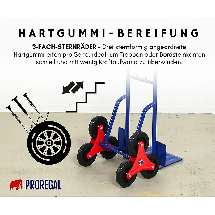 Proregal Treppen-Sackkarre ODIN mit klappbarer Schaufel & Vollgummibereifung - Stahl, Traglast: 200 kg - Sackkarre mit blauem Rahmen und roten 3-Fach-Sternrädern aus Hartgummi. Ideal zum Überwinden von Treppen und Bordsteinkanten.