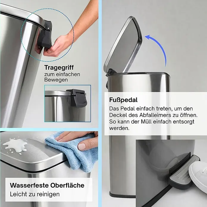 PROREGAL Mülleimer Küche Bad 50L, Abfalleimer mit Softclose & Stay-Open Deckel, Fußpedal & Inneneimer | Stahl, Silber | rechteckiger Treteimer mit Inneneimer, Tretmülleimer 50 Liter -  - Edelstahl-Treteimer mit Fußpedal, Tragegriff und leicht zu reinigender Oberfläche.