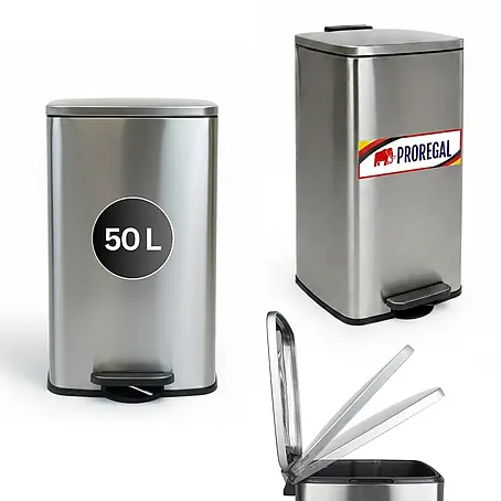 PROREGAL Mülleimer Küche Bad 50L, Abfalleimer mit Softclose & Stay-Open Deckel, Fußpedal & Inneneimer | Stahl, Silber | rechteckiger Treteimer mit Inneneimer, Tretmülleimer 50 Liter