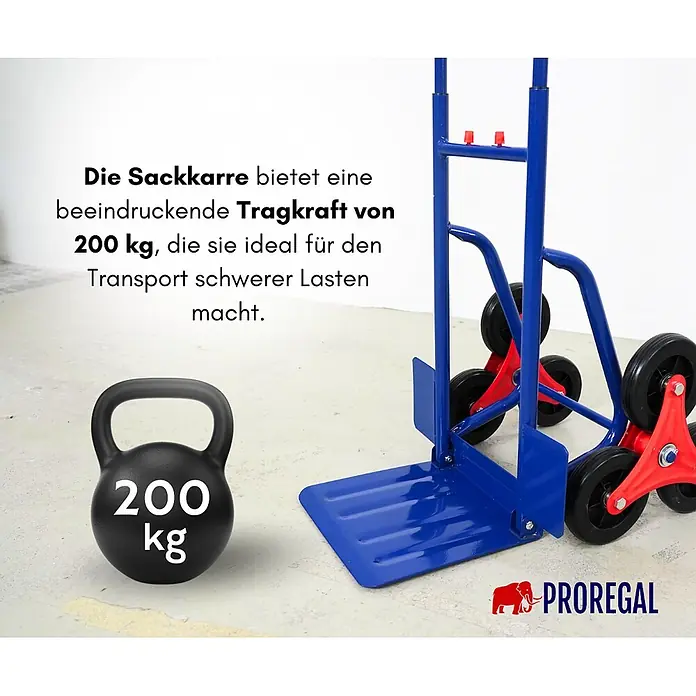 Proregal Treppen-Sackkarre ODIN mit klappbarer Schaufel & Vollgummibereifung - Stahl, Traglast: 200 kg - Blau-rote Treppensteiger Sackkarre mit 200 kg Tragkraft.