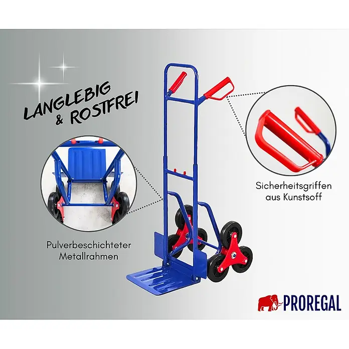 Proregal Treppen-Sackkarre ODIN mit klappbarer Schaufel & Vollgummibereifung - Stahl, Traglast: 200 kg - Blauer, rot akzentuierter Treppensteiger-Sackkarre mit pulverbeschichtetem Metallrahmen und Kunststoff-Sicherheitsgriffen.