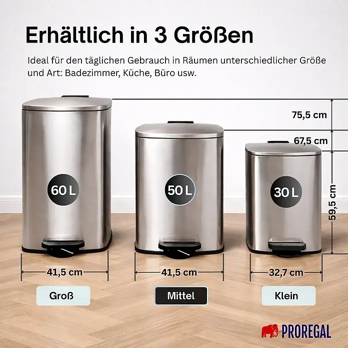 PROREGAL Mülleimer Küche Bad 50L, Abfalleimer mit Softclose & Stay-Open Deckel, Fußpedal & Inneneimer | Stahl, Silber | rechteckiger Treteimer mit Inneneimer, Tretmülleimer 50 Liter -  - Edelstahl-Treteimer in 3 Größen (60L, 50L, 30L) mit Maßen.