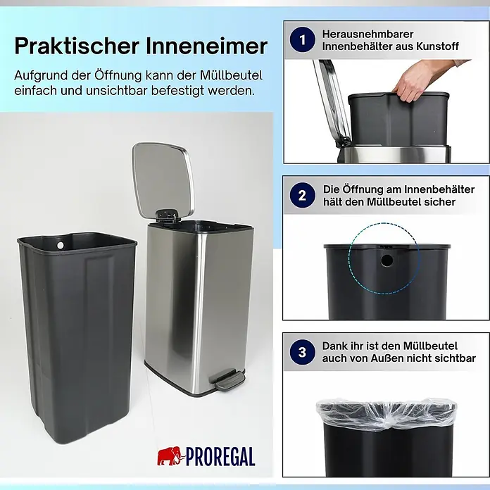 PROREGAL Mülleimer Küche Bad 50L, Abfalleimer mit Softclose & Stay-Open Deckel, Fußpedal & Inneneimer | Stahl, Silber | rechteckiger Treteimer mit Inneneimer, Tretmülleimer 50 Liter -  - Edelstahl-Mülleimer mit herausnehmbarem schwarzen Kunststoffeinsatz und spezieller Öffnung für unsichtbare Müllbeutelbefestigung.