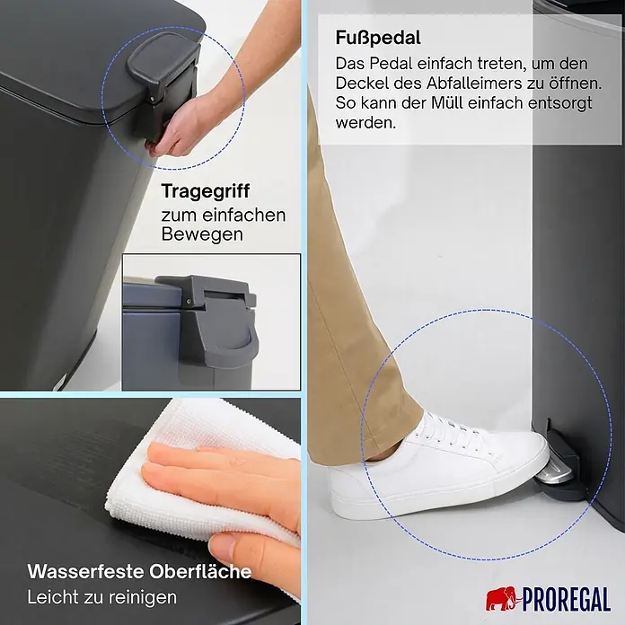Proregal Treteimer 50L mit Softclose - 50 l, Metall, Matt Schwarz - Dunkelgrauer Mülleimer mit Fußpedal, Tragegriff und leicht zu reinigender Oberfläche.