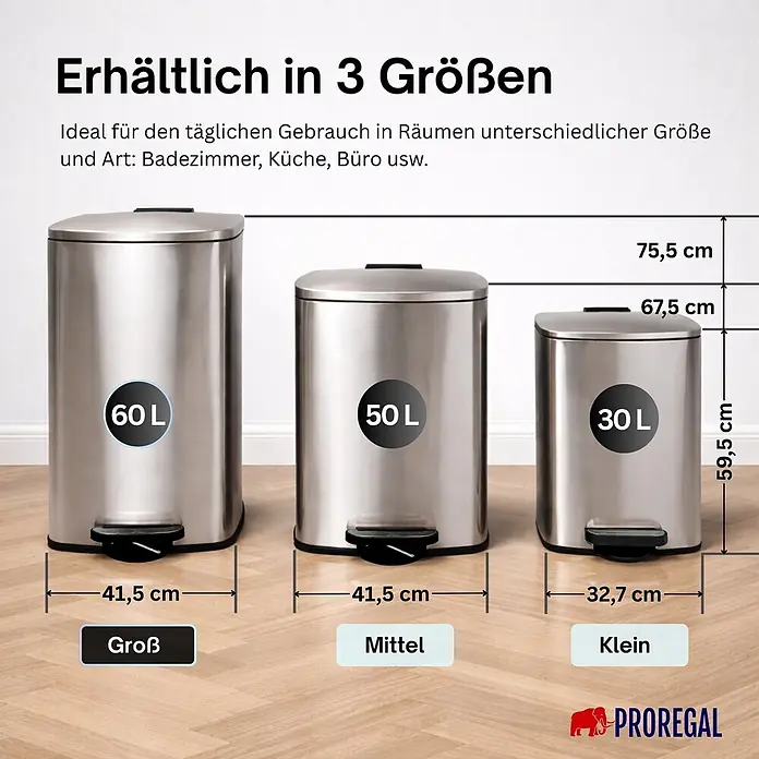 PROREGAL Mülleimer Küche Bad 60L, Abfalleimer mit Softclose & Stay-Open Deckel, Fußpedal & Inneneimer | Stahl, Silber | rechteckiger Treteimer mit Inneneimer, Tretmülleimer 60 Liter -  - Drei Edelstahl-Tretmülleimer in 60L, 50L und 30L Größen, mit Abmessungen dargestellt.